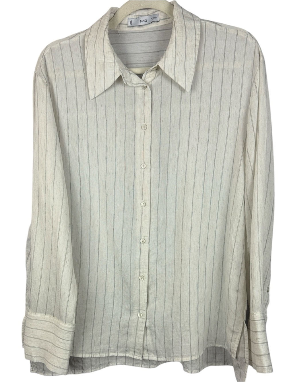 Mango MNG Striped Linen Blend Button Down Oversized Blouse Top Ivory Medium